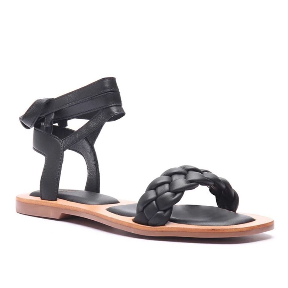 Crevo Sandals Ladies Size 7.5 Black Leather‎ Braided Strap Bohemian Tie Closure